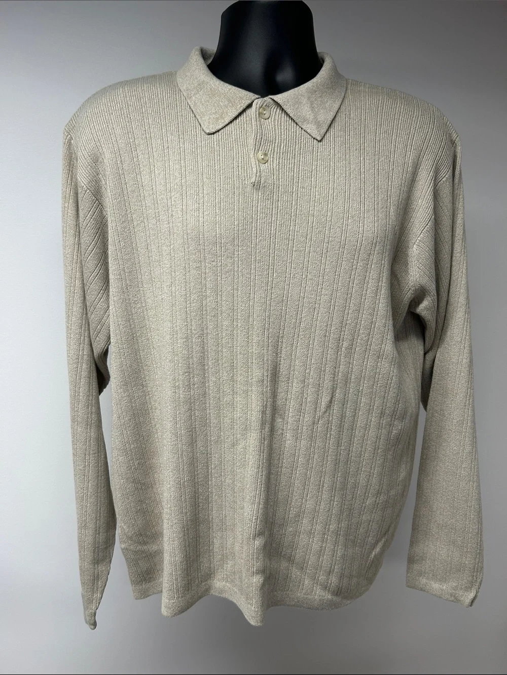 Brandini Le Collezioni Mens Large Tan Ribbed Knit Polo Sweater Pullover